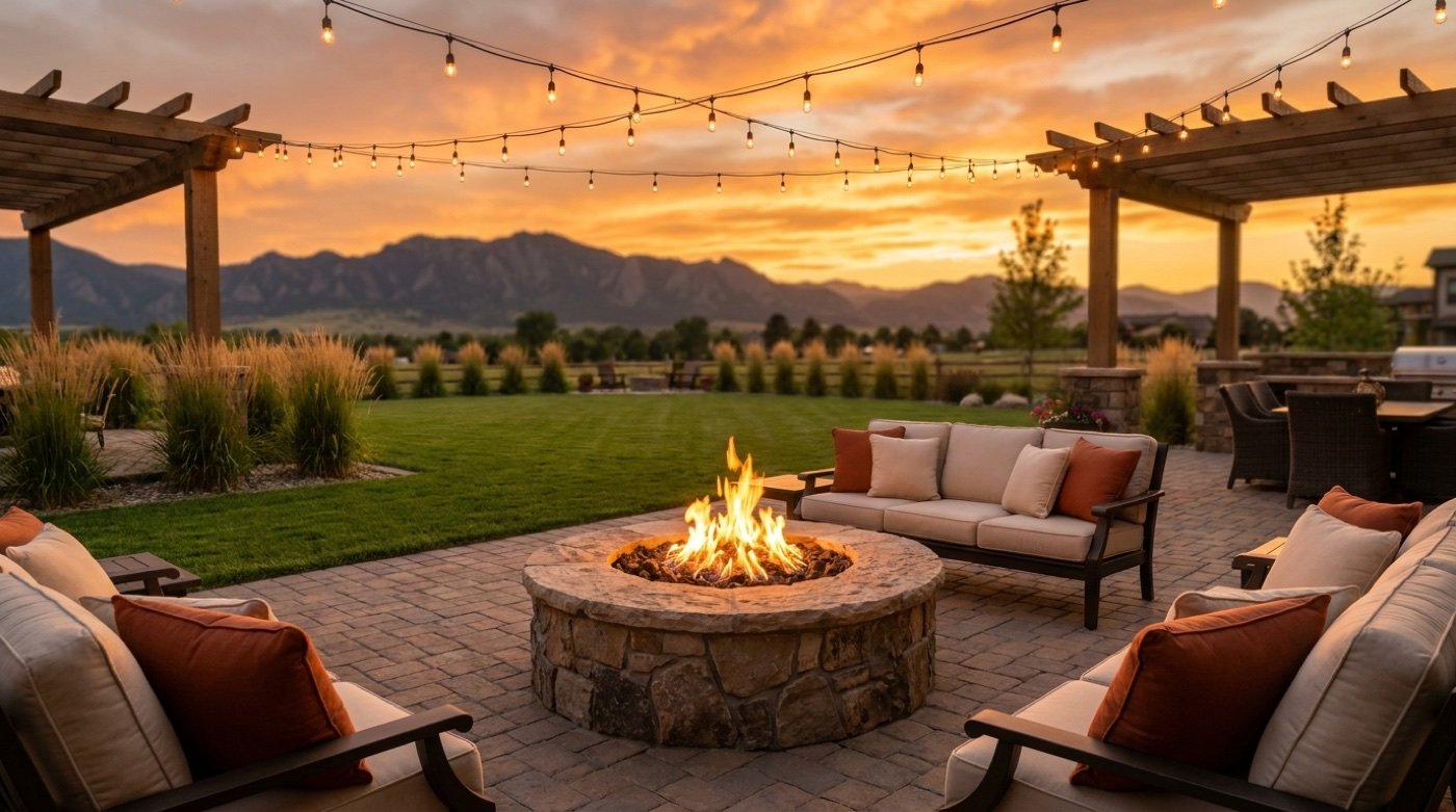 A backyard paver patio with a stone fire pit at golden-hour sunset, framed by the Colorado foothills
