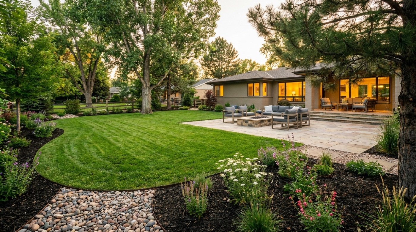 A landscaped Denver backyard with a manicured lawn, garden beds, and a stone paver patio at golden hour