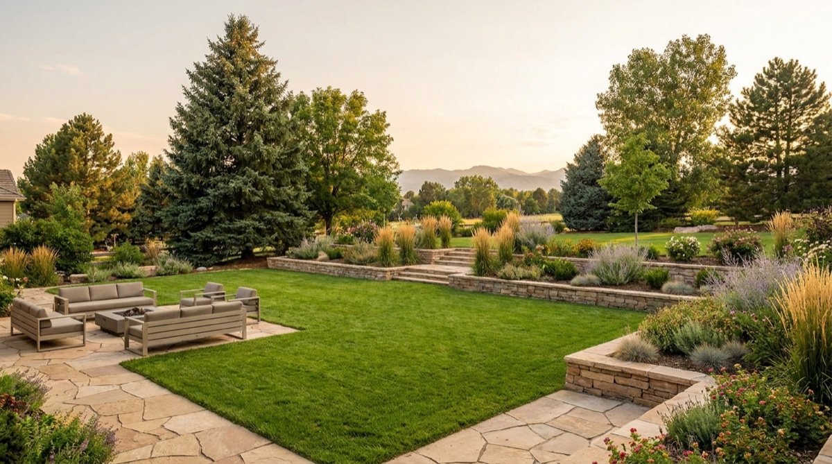 Completed luxury backyard transformation with stone patio and tiered retaining walls