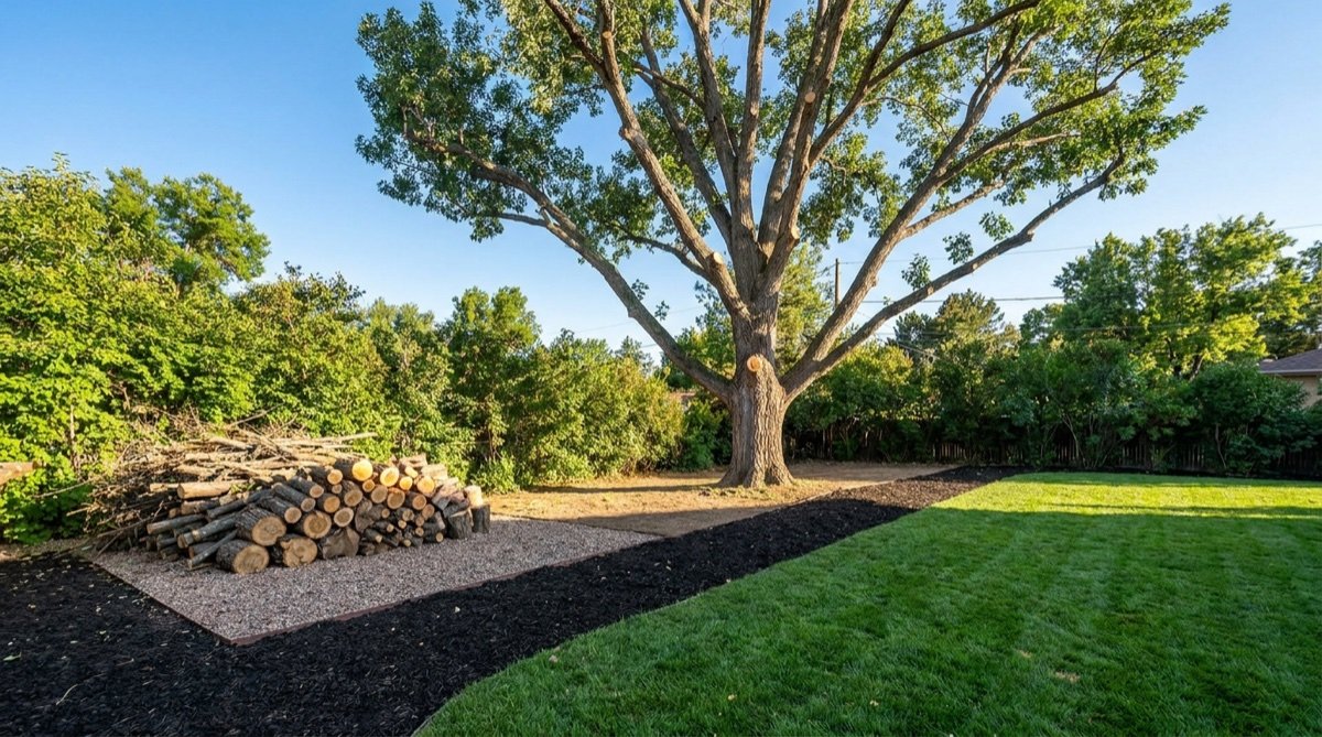 Professional tree service — freshly trimmed mature tree and neatly stacked logs